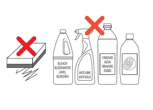 Illustration stylisée d’un cercle barré avec une croix rouge et plusieurs bouteilles de produits de nettoyage interdits, indiquant ce qu’il ne faut pas utiliser pour les miroirs de salle de bains X²O.